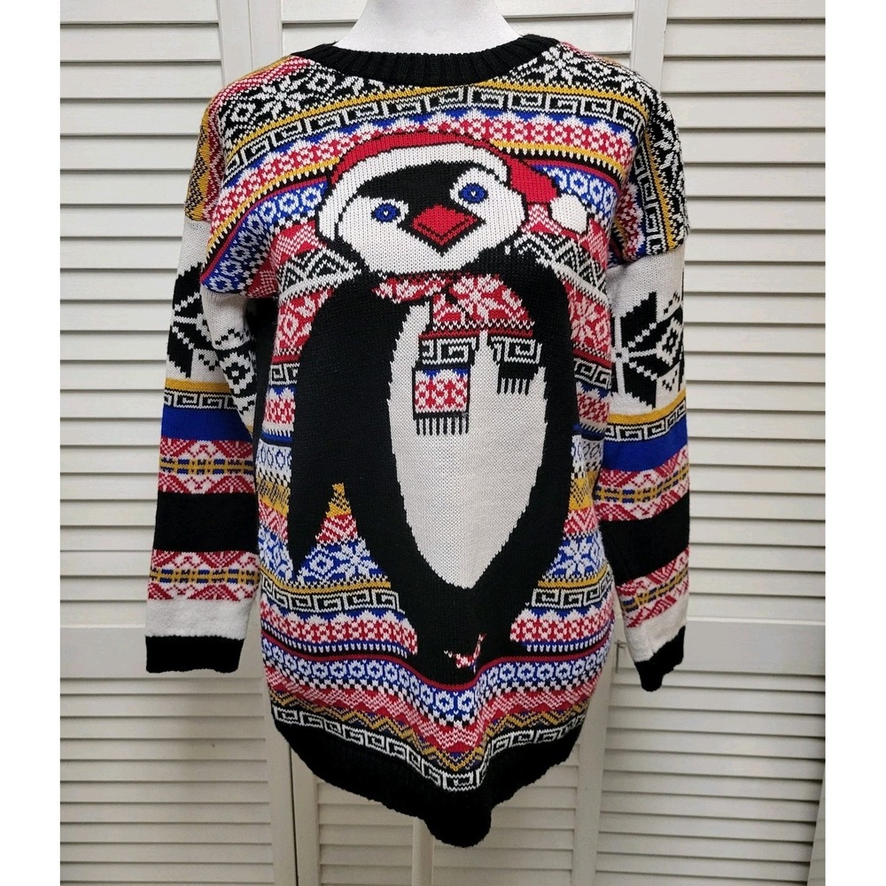Sz MED/LG Missi London Holiday Snowflake Penguin Ugly Christmas Sweater Pullover